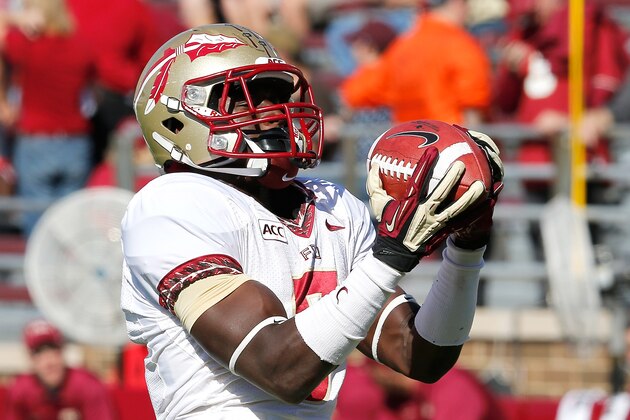CHESTNUT HILL, MA - SEPTEMBER 28: Jesus Wilson #3 of the Florida State Seminoles catches a pass before before a game with the Boston College Eagles at Alumni Stadium on September 28, 2013 in Chestnut Hill, Massachusetts. (Photo by Jim Rogash/Getty Images)