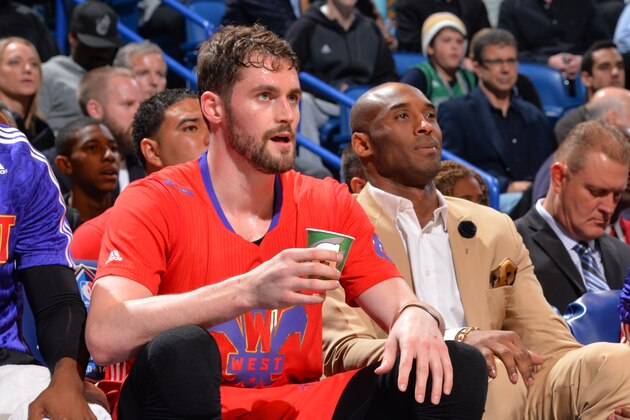 NEW ORLEANS, LA - FEBRUARY 16:  The Western Conference bench (L-R) Chris Paul #3, Kevin Love #42, Kobe Bryant #24, James Harden #13 and Kevin Durant #35 during the game against the Eastern Conference at the 2014 NBA All-Star Game at Smoothie King Center on February 16, 2014 in New Orleans, Louisiana. NOTE TO USER: User expressly acknowledges and agrees that, by downloading and/or using this photograph, user is consenting to the terms and conditions of the Getty Images License Agreement.  Mandatory Copyright Notice: Copyright 2014 NBAE (Photo by Jesse D. Garrabrant/NBAE via Getty Images)