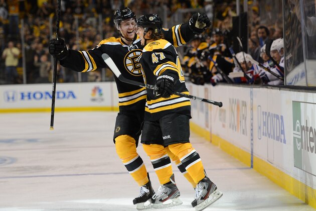 BOSTON, MA - MAY 16: Dougie Hamilton #27 and Torey Krug #47 of the Boston Bruins celebrate a goal against the New York Rangers in Game One of the Eastern Conference Semifinals during the 2013 NHL Stanley Cup Playoffs at TD Garden on May 16, 2013 in Boston, Massachusetts. (Photo by Brian Babineau/NHLI via Getty Images)