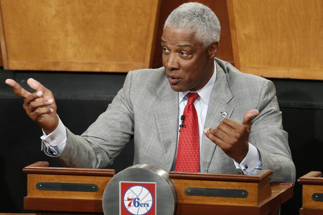 Philadelphia 76ers strategic consultant Julius Iriving is shown on stage during the NBA draft lottery in New York, Tuesday, May 20, 2014.  (AP Photo/Kathy Willens)