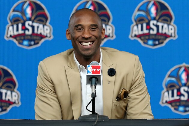 NEW ORLEANS, LA - FEBRUARY 16:  Kobe Bryant of the Los Angeles Lakers addresses the media before the 2014 NBA All-Star game at the Smoothie King Center on February 16, 2014 in New Orleans, Louisiana. NOTE TO USER: User expressly acknowledges and agrees that, by downloading and or using this photograph, User is consenting to the terms and conditions of the Getty Images License Agreement.  (Photo by Christian Petersen/Getty Images)