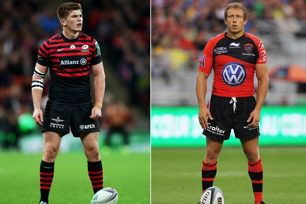 FILE PHOTO - EDITORS NOTE: COMPOSITE OF TWO IMAGES - Image Numbers 185357509 (L) and 145653489) In this composite image a comparison has been made between Fly Halfs Owen Farrell of Saracens (L) and Jonny Wilkinson of Toulon. 
Toulon and Saracens meet in the Heineken Cup Final on May 24,2014 at the Millennium Stadium,Cardiff,Wales.
***LEFT IMAGE***  LONDON, ENGLAND - OCTOBER 18: Owen Farrell of Saracens lines up a kick at goal during the Heineken Cup pool three match between Saracens and Toulouse at Wembley Stadium on October 18, 2013 in London, England. (Photo by David Rogers/Getty Images) ***RIGHT IMAGE*** TOULOUSE, FRANCE - JUNE 03: Jonny Wilkinson of Toulon in action during the French Top 14 Semi Final match between ASM Clermont Auvergne and RC Toulon at the Stade de Toulouse on June 3, 2012 in Toulouse, France. (Photo by Matthew Lewis/Getty Images)