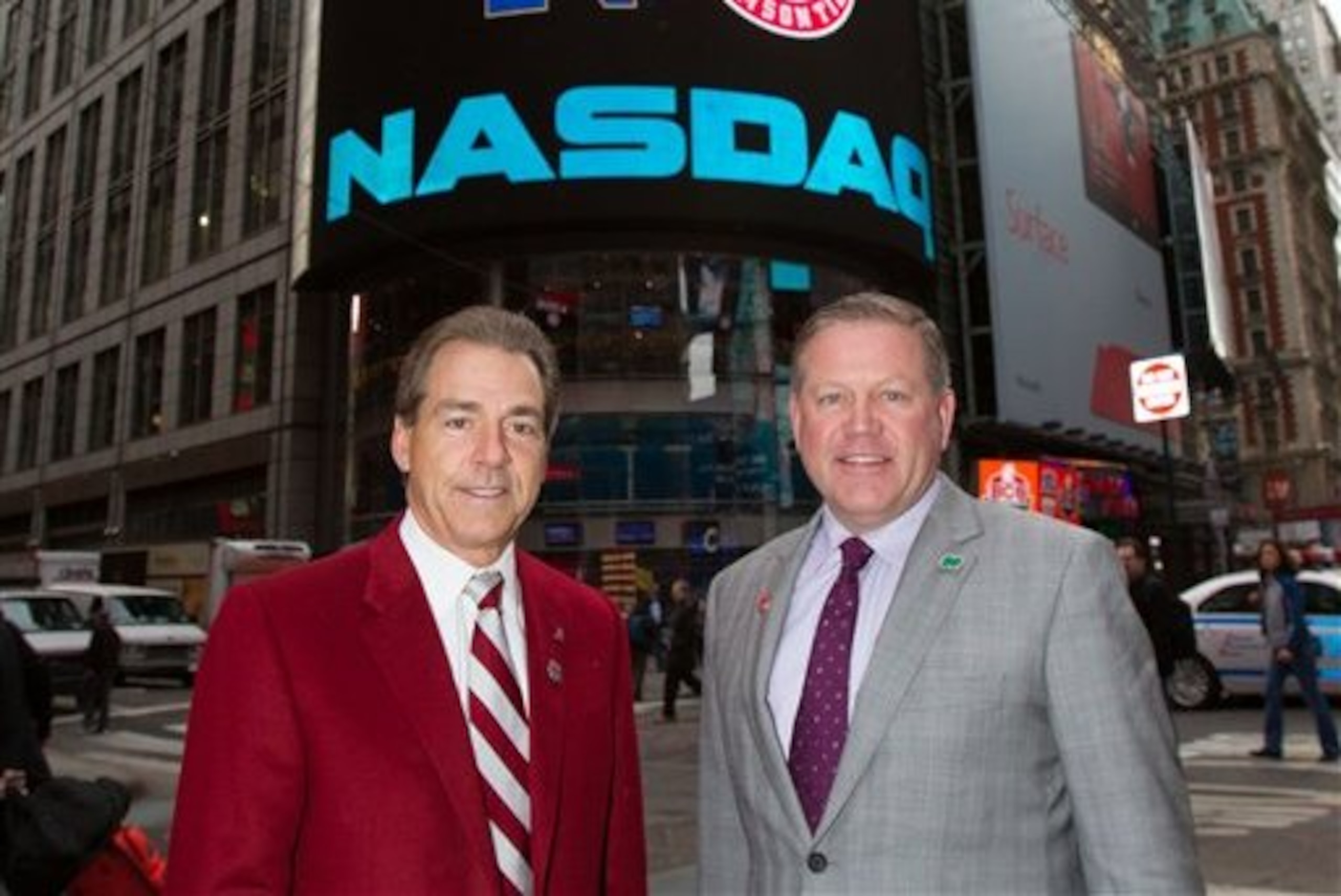 In this photo provided by NASDAQ, University of Alabama head football coach Nick Saban, left, poses with Notre Dame head football coach Brian Kelly outside of the NASDAQ MarketSite in New York, Wednesday, Dec. 5, 2012. (AP Photo/NASDAQ, Zef Nikolla) In this photo provided by NASDAQ, University of Alabama head football coach Nick Saban, left, poses with Notre Dame head football coach Brian Kelly outside of the NASDAQ MarketSite in New York, Wednesday, Dec. 5, 2012. (AP Photo/NASDAQ, Zef Nikolla)