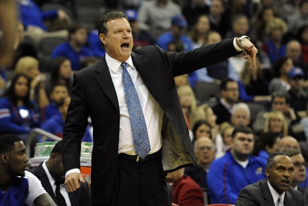 Dec 14, 2013; Kansas City, MO, USA; Kansas Jayhawks head coach Bill Self reacts to a play against the New Mexico Lobos in the first half at Sprint Center. Mandatory Credit: John Rieger-USA TODAY Sports