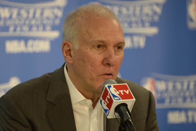 SAN ANTONIO, TX - MAY 19: Gregg Popovich of the San Antonio Spurs addresses the media after Game One of the Western Conference Finals against the Oklahoma City Thunder during the 2014 NBA Playoffs on May 19, 2014 at the AT&T Center in San Antonio, Texas. NOTE TO USER: User expressly acknowledges and agrees that, by downloading and/or using this Photograph, user is consenting to the terms and conditions of the Getty Images License Agreement. Mandatory Copyright Notice: Copyright 2014 NBAE (Photo by D. Clarke Evans/NBAE via Getty Images)