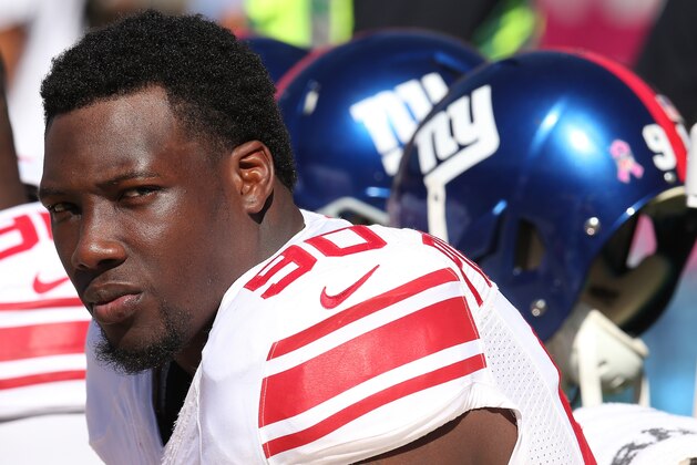 SAN FRANCISCO, CA - OCTOBER 14:  Defensive end Jason Pierre-Paul #90 of the New York Giants on the bench in the game with the San Francisco 49ers at Candlestick Park on October 14, 2012 in San Francisco, California.  (Photo by Stephen Dunn/Getty Images)