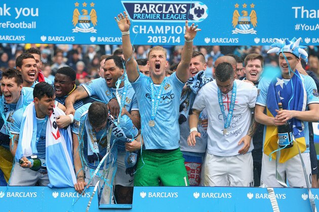 MANCHESTER, ENGLAND - MAY 11:  Joe Hart of Manchester City celebrates with his team-mates at the end of the Barclays Premier League match between Manchester City and West Ham United at the Etihad Stadium on May 11, 2014 in Manchester, England.  (Photo by Alex Livesey/Getty Images)