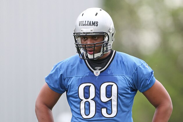 ALLEN PARK, MI - MAY 10: Michael Williams #89 of the Detroit Lions goes through the afternoon drills during the first day of Rookie Camp on May 10, 2013 in Allen Park, Michigan.  (Photo by Leon Halip/Getty Images)