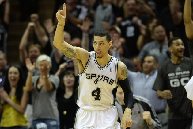SAN ANTONIO, TX - MAY 21: Danny Green #4 of the San Antonio Spurs celebrates against the Oklahoma City Thunder in Game Two of the Western Conference Finals during the 2014 NBA Playoffs on May 21, 2014 at the AT&T Center in San Antonio, Texas.  NOTE TO USER: User expressly acknowledges and agrees that, by downloading and or using this photograph, User is consenting to the terms and conditions of the Getty Images License Agreement. Mandatory Copyright Notice: Copyright 2014 NBAE  (Photo by Noah Graham/NBAE via Getty Images)