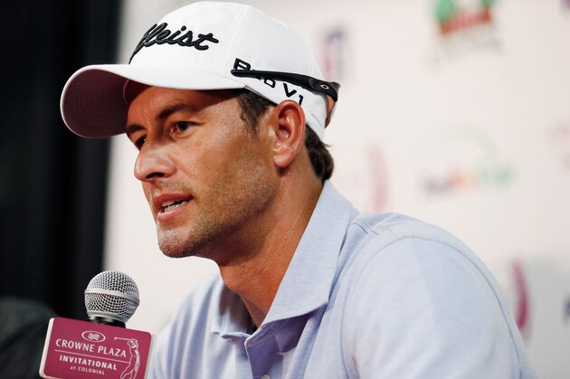 FORT WORTH, TX - MAY 21:  Adam Scott of Australia talks with the media prior to the start of the Crowne Plaza Invitational at Colonial on May 21, 2014 in Fort Worth, Texas. Scott will start the Crowne Plaza Invitational as the No. 1 golfer in the Official World Golf Ranking after taking over the number one spot from Tiger Woods earlier this week.  (Photo by Tom Pennington/Getty Images)