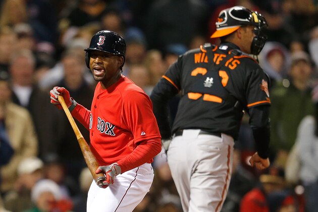 BOSTON, MA - APRIL 18: Jackie Bradley Jr. #25 of the Boston Red Sox reacts after striking out with men on base against the Baltimore Orioles in the fifth inning  at Fenway Park on April 18, 2014 in Boston, Massachusetts.  (Photo by Jim Rogash/Getty Images)