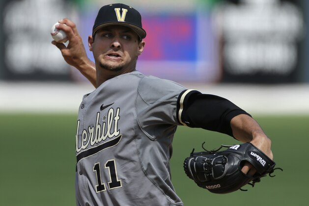 Vanderbilt pitcher Tyler Beede throws against Louisville in the first inning of an NCAA college baseball tournament super regional game on Sunday, June 9, 2013, in Nashville, Tenn. (AP Photo/Mark Humphrey)