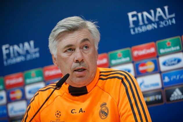 MADRID, SPAIN - MAY 20:  Head coach Carlo Ancelotti of Real Madrid CF attends a press conference during the Real Madrid media day, ahead of the UEFA Champions League final against Club Atletico de Madrid, at Valdebebas Sport City on May 20, 2014 in Madrid, Spain.  (Photo by Gonzalo Arroyo Moreno/Getty Images)