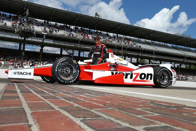INDIANAPOLIS, IN - MAY 17:  Juan-Pablo Montoya of Columbia, driver of the #2 Verizon Team Penske Chevrolet Dallara, poses for a photo for after qualifying for the 98th Indianapolis 500 Mile Race on May 17, 2014 at the Indianapolis Motor Speedway in Indianapolis, Indiana.  (Photo by Jonathan Ferrey/Getty Images)