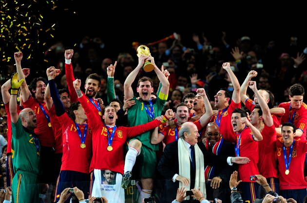 JOHANNESBURG, SOUTH AFRICA - JULY 11:  Iker Casillas of Spain celebrates as he lifts the World Cup with team mates during the 2010 FIFA World Cup South Africa Final match between Netherlands and Spain at Soccer City Stadium on July 11, 2010 in Johannesburg, South Africa.  (Photo by Jamie McDonald/Getty Images)