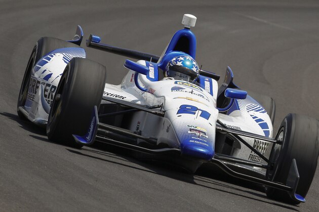 INDIANAPOLIS, IN - MAY 19: JR Hildebrand, driver of the #21 Ed Carpenter Racing Chevrolet Dallara is seen on the track during practice for the Indy 500 at the Indianapolis Motor Speedway on May 19, 2014 in Indianapolis, Indiana. (Photo by Michael Hickey/Getty Images)