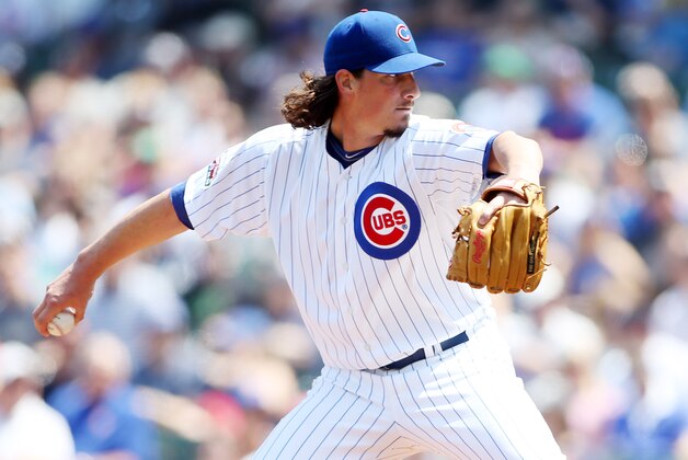 May 21, 2014; Chicago, IL, USA; Chicago Cubs starting pitcher Jeff Samardzija throws a pitch against the New York Yankees during the first inning at Wrigley Field. Mandatory Credit: Jerry Lai-USA TODAY Sports