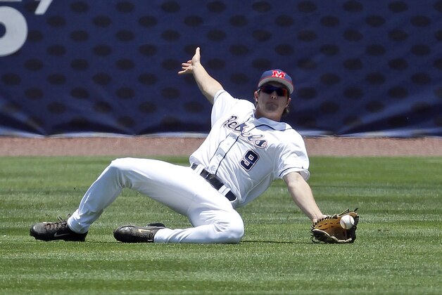 Mississippi's Auston Bousfield (9) tries unsuccessfully to catch a fly ball as he slides during the first inning at the Southeastern Conference NCAA college baseball tournament on Wednesday, May 21, 2014, in Hoover, Ala. (AP Photo/Butch Dill) Mississippi's Auston Bousfield (9) tries unsuccessfully to catch a fly ball as he slides during the first inning at the Southeastern Conference NCAA college baseball tournament on Wednesday, May 21, 2014, in Hoover, Ala. (AP Photo/Butch Dill)