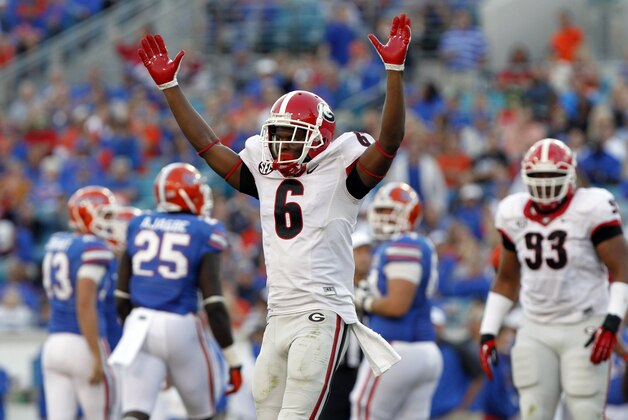 Nov 2, 2013; Jacksonville, FL, USA; Georgia Bulldogs cornerback Shaq Wiggins (6) reacts after Florida Gators missed a field goal during the second half at EverBank Field. Georgia Bulldogs defeated the Florida Gators 23-20.  Mandatory Credit: Kim Klement-USA TODAY Sports