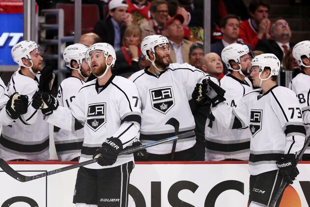 CHICAGO, IL - MAY 21:  Tyler Toffoli #73 of the Los Angeles Kings celebrates his goal against the Chicago Blackhawks in the third period with teammates in Game Two of the Western Conference Final during the 2014 Stanley Cup Playoffs at United Center on May 21, 2014 in Chicago, Illinois.  (Photo by Jonathan Daniel/Getty Images)