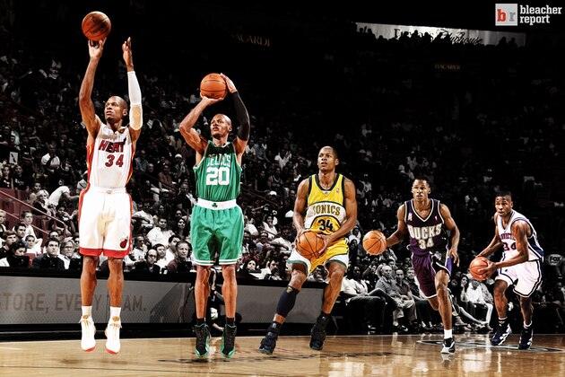 MIAMI, FL - April 23: Ray Allen #34 of the Miami Heat shoots the ball against the Charlotte Bobcats during Game Two of the Eastern Conference Finals of the 2014 NBA playoffs at the American Airlines Arena in Miami, Florida on April 23, 2014. NOTE TO USER: User expressly acknowledges and agrees that, by downloading and/or using this photograph, user is consenting to the terms and conditions of the Getty Images License Agreement. Mandatory copyright notice: Copyright NBAE 2014 (Photo by Issac Baldizon/NBAE via Getty Images)