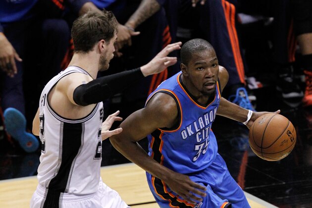 SAN ANTONIO, TX - MAY 21:  Kevin Durant #35 of the Oklahoma City Thunder drives on Tiago Splitter #22 of the San Antonio Spurs in the first half in Game Two of the Western Conference Finals during the 2014 NBA Playoffs at AT&T Center on May 21, 2014 in San Antonio, Texas. NOTE TO USER: User expressly acknowledges and agrees that, by downloading and or using this photograph, User is consenting to the terms and conditions of the Getty Images License Agreement.  (Photo by Chris Covatta/Getty Images)