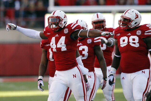 Nov 16, 2013; Lincoln, NE, USA; Nebraska Cornhuskers defender Randy Gregory (44) celebrates after a quarterback sack against the Michigan State Spartans in the second quarter at Memorial Stadium. Mandatory Credit: Bruce Thorson-USA TODAY Sports