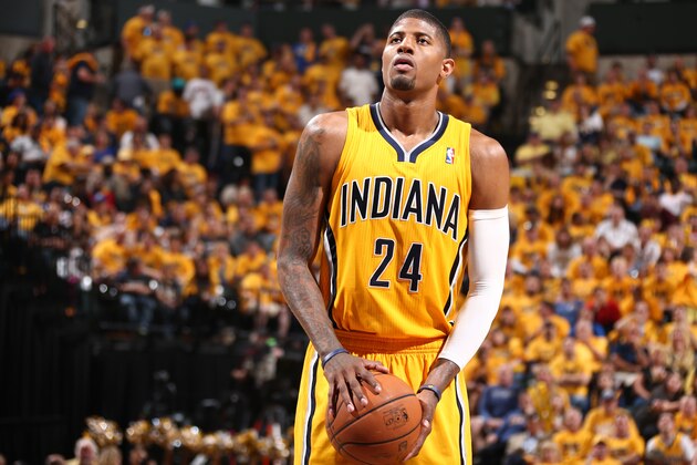 INDIANAPOLIS, IN - MAY 18:  Paul George #24 of the Indiana Pacers shoots a foul shot during Game One of the Eastern Conference Finals against the Miami Heat on May 18, 2014 at Bankers Life Fieldhouse in Indianapolis, IN.  NOTE TO USER: User expressly acknowledges and agrees that, by downloading and or using this photograph, User is consenting to the terms and conditions of the Getty Images License Agreement. Mandatory Copyright Notice: Copyright 2014 NBAE  (Photo by Nathaniel S. Butler/NBAE via Getty Images)