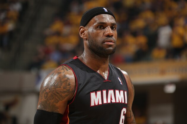 INDIANAPOLIS, IND - MAY 20: LeBron James #6 of the Miami Heat looks on in Game Two of the Eastern Conference Finals against the Indiana Pacers during the 2014 NBA Playoffs at Bankers Life Fieldhouse on May 20, 2014 in Indianapolis, Indiana. NOTE TO USER: User expressly acknowledges and agrees that, by downloading and or using this Photograph, user is consenting to the terms and condition of the Getty Images License Agreement. Mandatory Copyright Notice: 2014 NBAE (Photo by Ron Hoskins/NBAE via Getty Images)