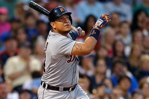BOSTON, MA - MAY 17:  Miguel Cabrera #24 of the Detroit Tigers watches the flight of his home run against the Boston Red Sox in the third inning at Fenway Park on May 17, 2014 in Boston, Massachusetts.  (Photo by Jim Rogash/Getty Images)