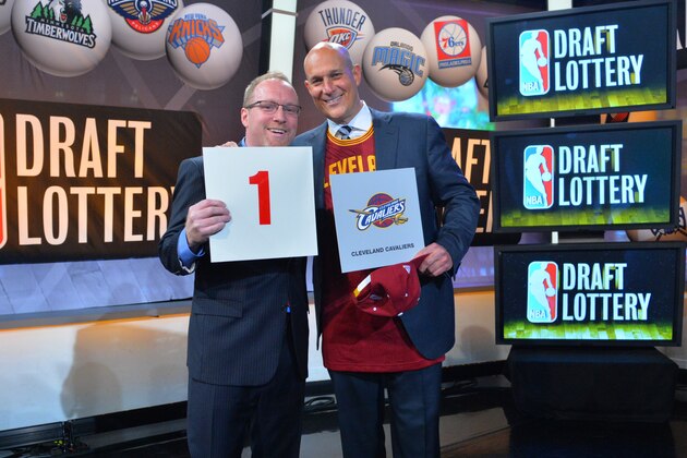 NEW YORK - MAY 20: General Manager David Griffin and Jeff Cohen, Chairman of the Cleveland Cavaliers celebrates winning the 2014 NBA Draft Lottery on May 20, 2014 at the ABC News' 'Good Morning America' Times Square Studio in New York City.  NOTE TO USER: User expressly acknowledges and agrees that, by downloading and/or using this photograph, user is consenting to the terms and conditions of the Getty Images License Agreement. Mandatory Copyright Notice: Copyright 2014 NBAE (Photo by Jesse D. Garrabrant/NBAE via Getty Images)