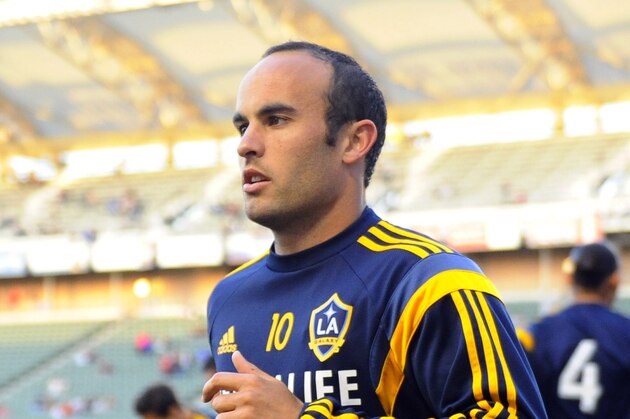 Apr 12, 2014; Carson, CA, USA; Los Angeles Galaxy forward Landon Donovan (10) stretches prior to the game against the Vancouver Whitecaps at StubHub Center. Mandatory Credit: Christopher Hanewinckel-USA TODAY Sports