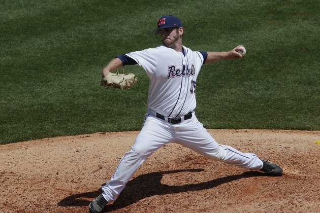 Mississippi's Jeremy Massie pitches in the eighth inning of their Southeastern Conference Tournament baseball game against Alabama at the Hoover Met in Hoover, Ala., Thursday, May 23, 2013. (AP Photo/Dave Martin)
