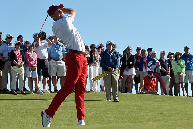 FILE - In this Sept. 7, 2013 file photo, Patrick Rodgers tees off on the third hole during the Walker Cup Match golf tournament held at the National Golf Links of America in Southampton, N.Y.Rodgers heads to the NCAA men's golf championships this week tied with Tiger Woods for the most wins in Stanford history. Setting the record will take conquering venerable Prairie Dunes and one of the deepest fields in years.  (AP Photo/Kathy Kmonicek, File)