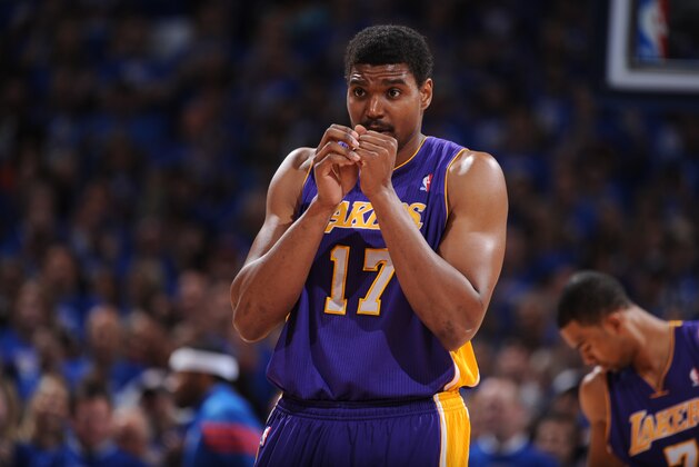 OKLAHOMA CITY, OK - MAY 21:  Andrew Bynum #17 of the Los Angeles Lakers watches in Game Five of the Western Conference Semifinals between the Los Angeles Lakers and the Oklahoma City Thunder during the 2012 NBA Playoffs on May 21, 2012 at the Chesapeake Energy Arena in Oklahoma City, Oklahoma. NOTE TO USER: User expressly acknowledges and agrees that, by downloading and/or using this Photograph, user is consenting to the terms and conditions of the Getty Images License Agreement. Mandatory Copyright Notice: Copyright 2012 NBAE (Photo by Garrett W. Ellwood/NBAE via Getty Images)