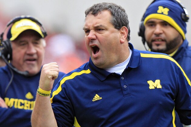 FILE - In this Nov. 24, 2012 file photo, Michigan head coach Brady Hoke yells at his team in an NCAA college football game against Ohio State in Columbus, Ohio. It has already been a successful season for No. 3 Ohio State, but as the Buckeyes know, no season is a success if they lose to their chief rivals, the Michigan Wolverines. (AP Photo/Jay LaPrete, File)