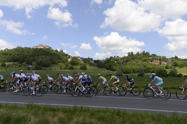 Cyclists pedal in the countryside during the 13th stage of the Giro d'Italia, Tour of Italy cycling race, from Fossano to Rivarolo Canavese, Italy, Friday, May 23, 2014.  (AP Photo/Fabio Ferrari)