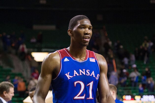 Feb 4, 2014; Waco, TX, USA; Kansas Jayhawks center Joel Embiid (21) drives to the basket at the Ferrell Center. The Jayhawks defeated the Bears 69-52. Mandatory Credit: Jerome Miron-USA TODAY Sports