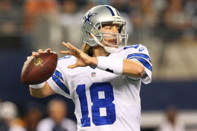 ARLINGTON, TX - DECEMBER 29:  Kyle Orton #18 of the Dallas Cowboys looks to pass in the first half against the Philadelphia Eagles at Cowboys Stadium on December 29, 2013 in Arlington, Texas.  (Photo by Ronald Martinez/Getty Images)