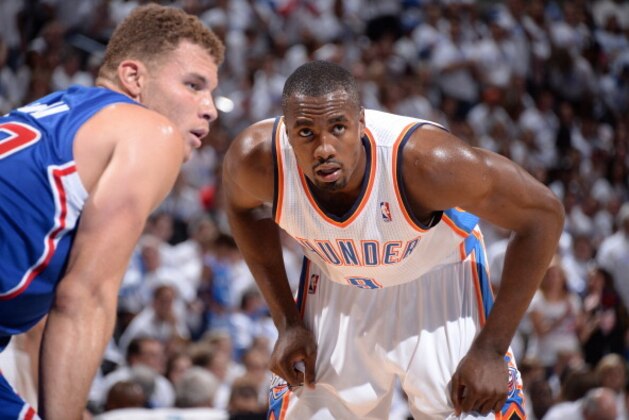OKLAHOMA CITY, OK - MAY 13:  Serge Ibaka #9 of the Oklahoma City Thunder stands on the court against the Los Angeles Clippers in Game 5 of the Western Conference Semifinals during the 2014 NBA Playoffs at the Chesapeake Arena on May 13, 2014 in Oklahoma City, Oklahoma. NOTE TO USER:  User expressly acknowledges and agrees that, by downloading and/or using this photograph, user is consenting to the terms and conditions of the Getty Images License Agreement. Mandatory Copyright Notice:  Copyright 2014 NBAE (Photo by Andrew D. Bernstein/NBAE via Getty Images)