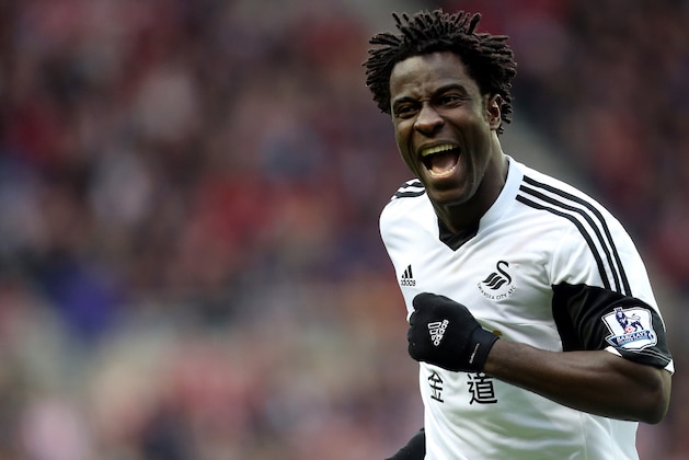 Swansea City's Wilfried Bony celebrates his goal during their English Premier League soccer match against Sunderland  at the Stadium of Light, Sunderland, England, Sunday, May 11, 2014. (AP Photo/Scott Heppell)
