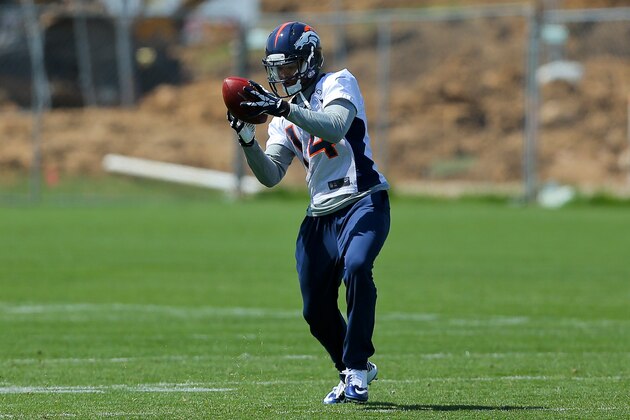 ENGLEWOOD, CO - MAY 17:  Wide receiver Cody Latimer #14 of the Denver Broncos participates in drills during rookie minicamp at Dove Valley on May 17, 2014 in Englewood, Colorado. (Photo by Justin Edmonds/Getty Images)