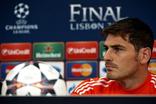 LISBON, PORTUGAL - MAY 23:  In this handout image provided by UEFA, Iker Casillas of Real Madrid attends a press conference ahead of the UEFA Champions League final against Atletico Madrid at Estadio da Luz on May 23, 2014 in Lisbon, Portugal.   (Photo by Handout/UEFA via Getty Images)