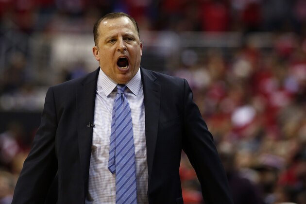Chicago Bulls head coach Tom Thibodeau directs his team in the second half of Game 3 of an opening-round NBA basketball playoff series against the Washington Wizards , Friday, April 25, 2014, in Washington. The Bulls won 100-97. (AP Photo/Alex Brandon)