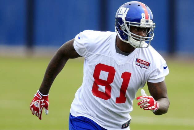 Tight end Adrien Robinson (81), fourth-round draft pick, runs during drills at the New York Giants rookie minicamp in East Rutherford, N.J., Friday, May 11, 2012. (AP Photo/Mel Evans)