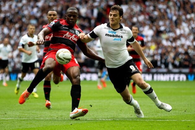 LONDON, ENGLAND - MAY 24: Nedum Onouha of QPR clears ahead of Chris Martin of Derby during the Sky Bet Championship Playoff Final match between Derby County and Queens Park Rangers at Wembley Stadium on May 24, 2014 in London, England.  (Photo by Ben Hoskins/Getty Images)