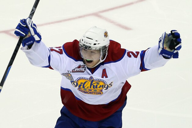 LONDON, ON - MAY 23:  Curtis Lazar #27 of the Edmonton Oil Kings celebrates his game winning goal at 2:42 of the third overtime against the Val-d'Or Foreurs during the 2014 Memorial Cup tournament at Budweiser Gardens on May 23, 2014 in London, Ontario, Canada. The Oil Kings defeated the Foreurs 4-3 in triple overtime in the longest game in Memorial Cup history. (Photo by Bruce Bennett/Getty Images)