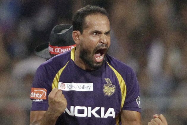 Kolkata Knight Riders' Yusuf Pathan gestures after taking the wicket of Royal Challengers Bangalore's Tillakaratne Dilshan, unseen, during the Indian Premier League (IPL) cricket match in Kolkata, India, Saturday, April 28, 2012. (AP Photo/Bikas Das)