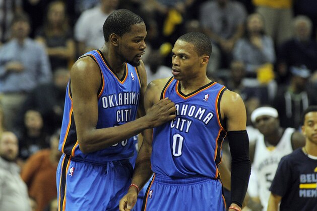 Apr 24, 2014; Memphis, TN, USA; Oklahoma City Thunder forward Kevin Durant (35) and guard Russell Westbrook (0) talk during the game against the Memphis Grizzlies in game three of the first round of the 2014 NBA Playoffs at FedExForum. Memphis Grizzlies beat Oklahoma City Thunder in overtime 98 - 95. Mandatory Credit: Justin Ford-USA TODAY Sports