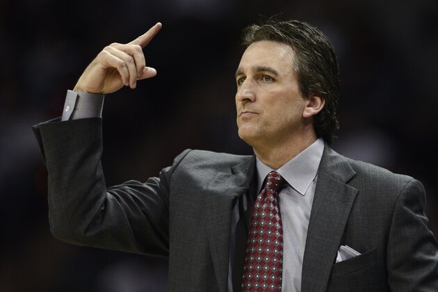 Los Angeles Clippers head coach Vinny Del Negro gestures during the first half of an NBA basketball game against the San Antonio Spurs, Friday, March 29, 2013, in San Antonio. San Antonio won 104-102. (AP Photo/Darren Abate)